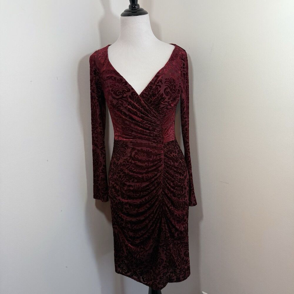 Davids Bridal Dress Burgandy Wine Red 2 Victorian Velvet Print Ruched Party Date - Picture 5 of 16
